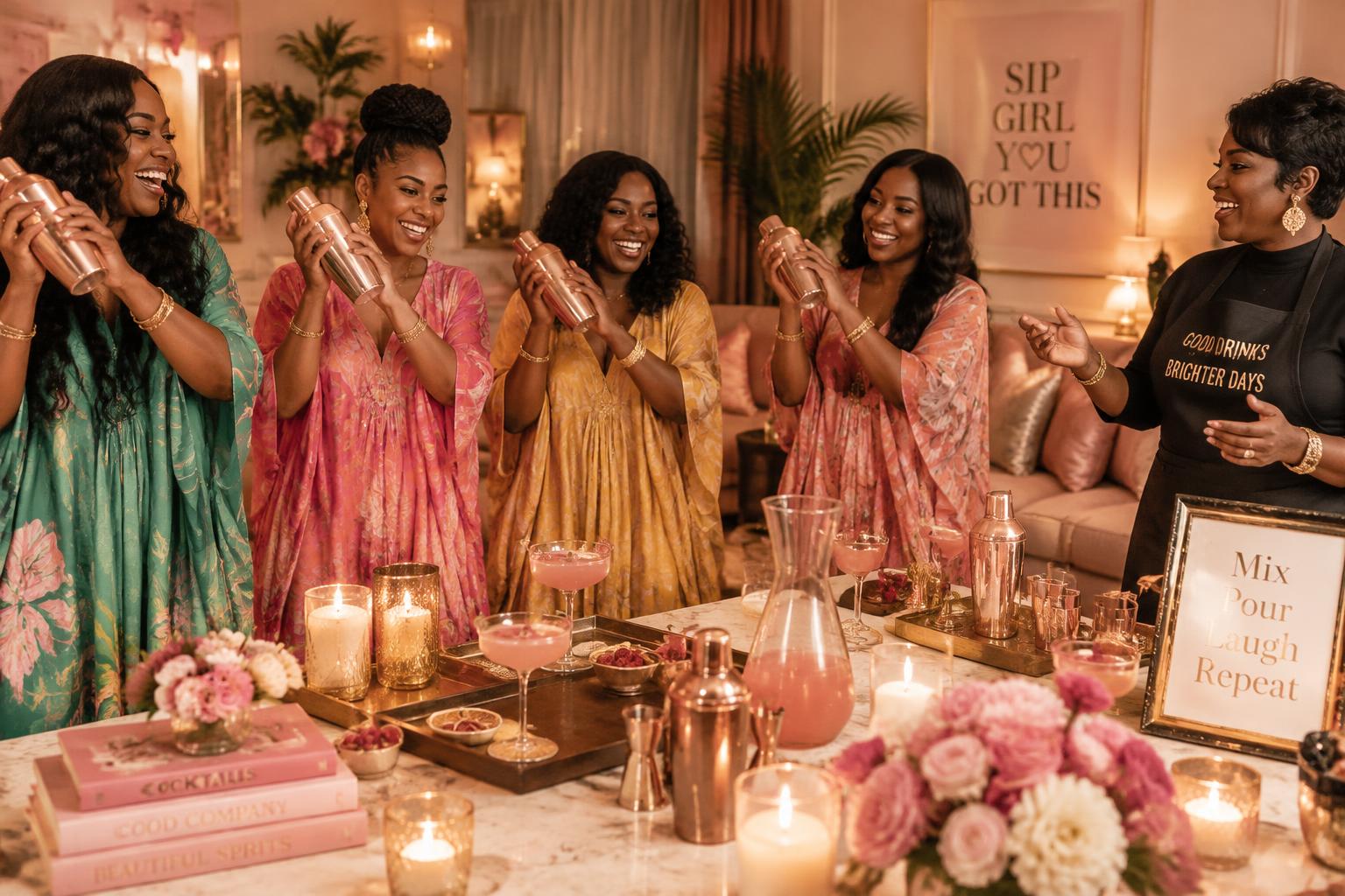 Women in muumuus laughing and shaking pink mocktails at a girls' night mixology class
