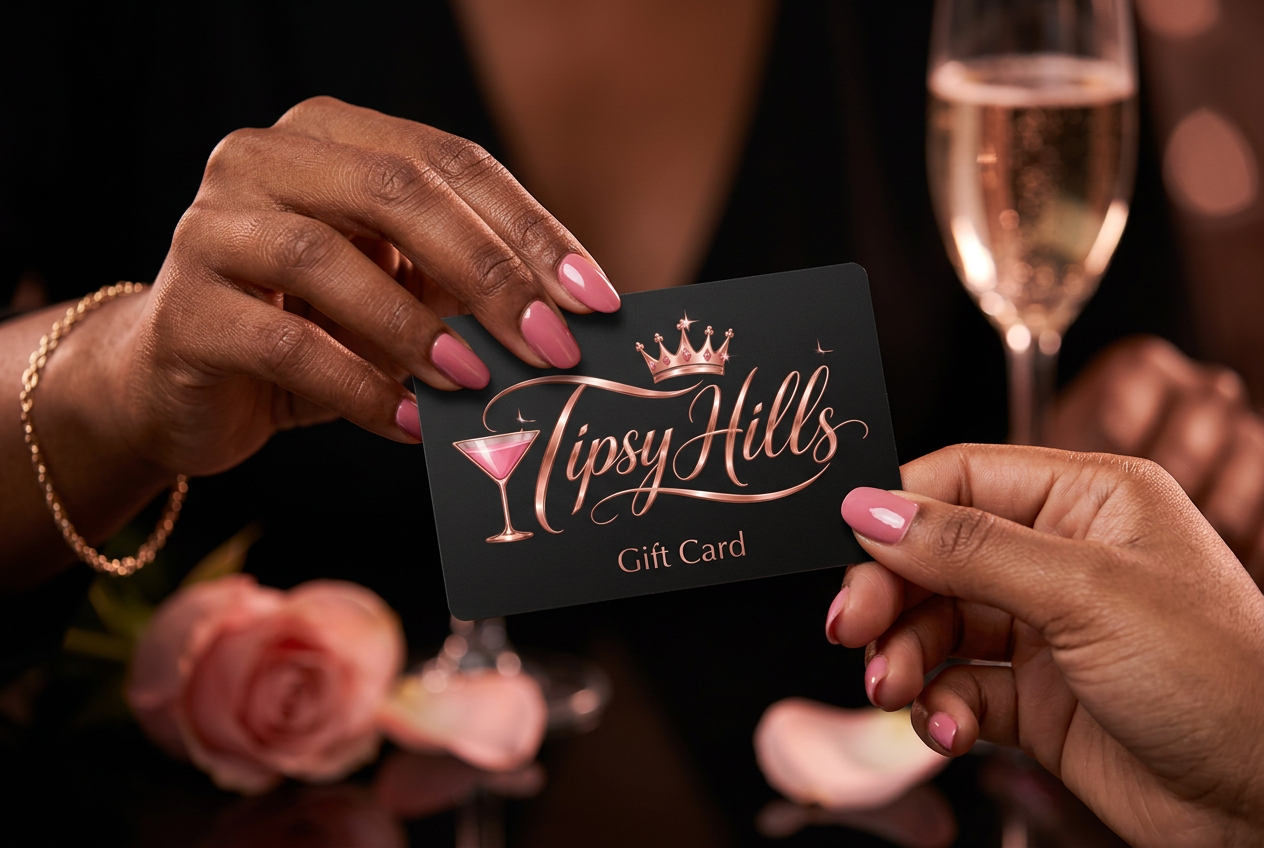 Manicured hands presenting a black Tipsy Hills gift card